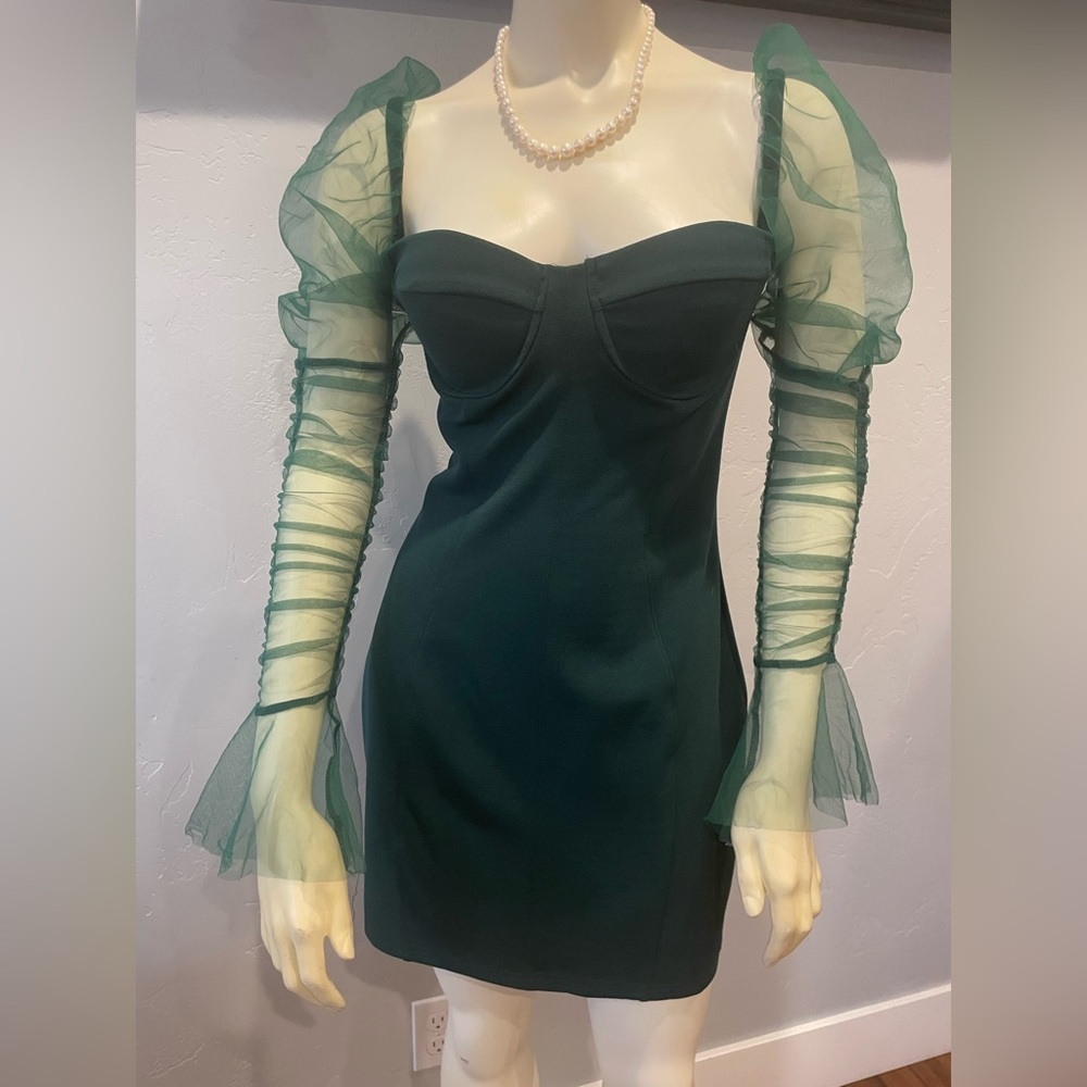 Emerald Green mini Dress with Sheer Sleeves size M